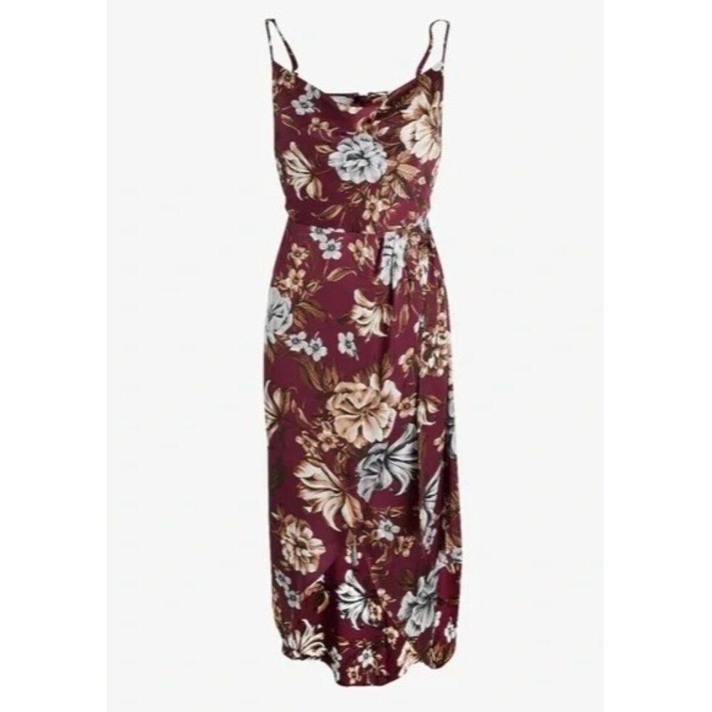 Express Size M Floral Burgundy Satin Midi Dress Cowl Neck Hi-Lo Beachy Whimsy - Picture 2 of 12